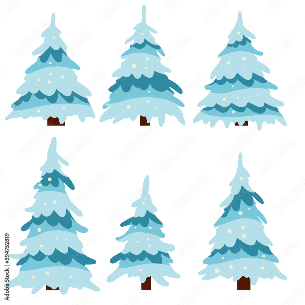 Set of winter tree. Snow on branches. Element of nature and forests. Cold season. New year and Christmas decorations. Cartoon flat illustration