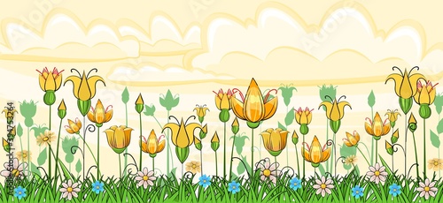 Blooming meadow with grass and flowers. Sky. Scenery. Cartoon just style. Romantic fabulous illustration. Beautiful natural view. Wild plant nature. Rural scene. Vector