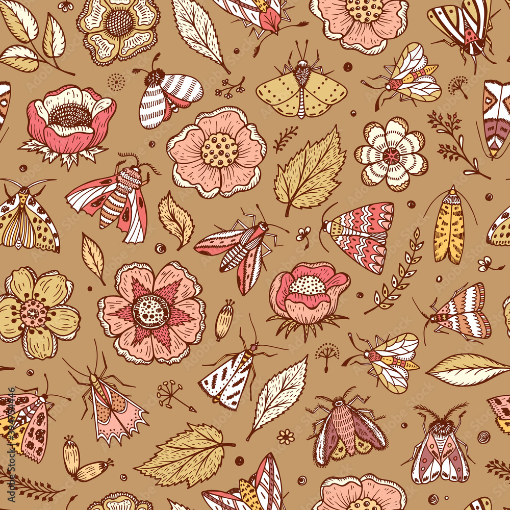 Vector Seamless Pattern with Night Butterflies and Plants. Vintage Floral Background. Hand Drawn Moths, Flowers, Leaves, Sprigs, Seeds
Vector Seamless Pattern with Night Butterflies and Plants. Vintage Floral Background. Hand Drawn Moths, Flowers, Leaves, Sprigs, Seeds