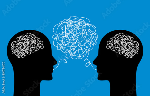 two heads of people with confused thoughts in their heads are talking and talking nonsense.