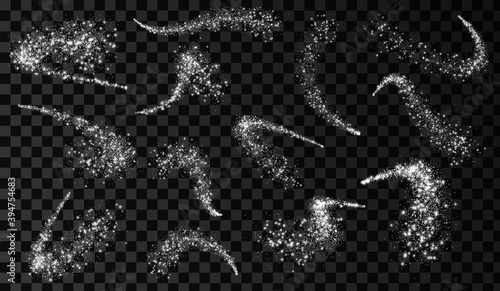 Sparkle stardust. Glitter silver wave. Magic comet with trail. Shining stars.