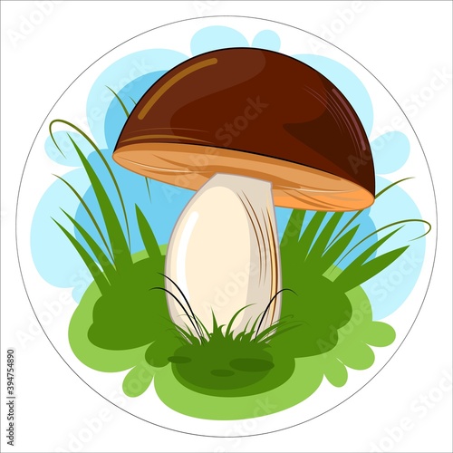 Mushroom on the background of meadows and sky. Cartoon flat style. Scenery. Isolated on white. A beautiful forest mushroom. Vector