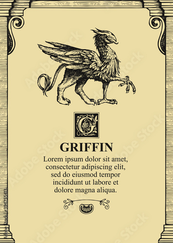 Vintage background or frame for a certificate or diploma with a Griffin and text lorem ipsum. Vector illustration with a hand-drawn mythical animal with body of a lion, bird wings and head of an eagle