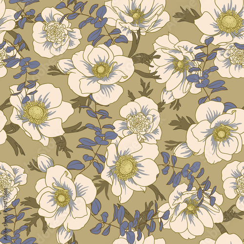 Seamless vector pattern with anemones and branches