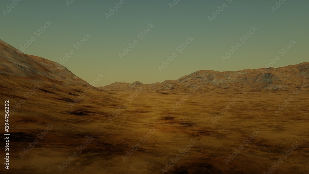 science fiction illustration, alien planet landscape with strange rock formations, fictional space scene, rocky hills and mountains