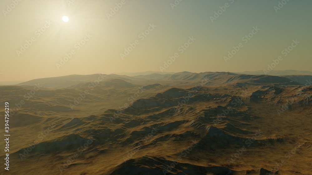 science fiction illustration, alien planet landscape with strange rock formations, fictional space scene, rocky hills and mountains