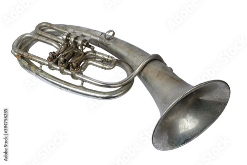 Photos Old vintage tenor horn on a white background, isolated