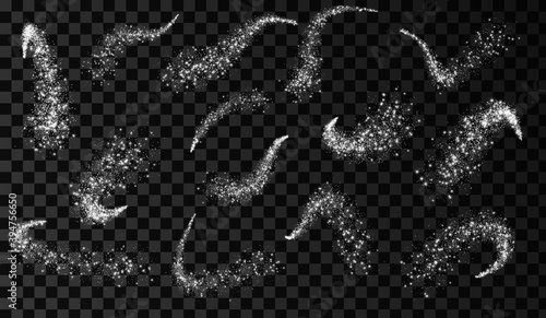 Sparkle stardust. Glitter silver wave. Magic comet with trail. Shining stars.