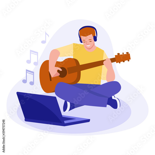 A young man is learning to play the guitar. Looks at the laptop. Concept on the topic of online learning. Vector illustration.