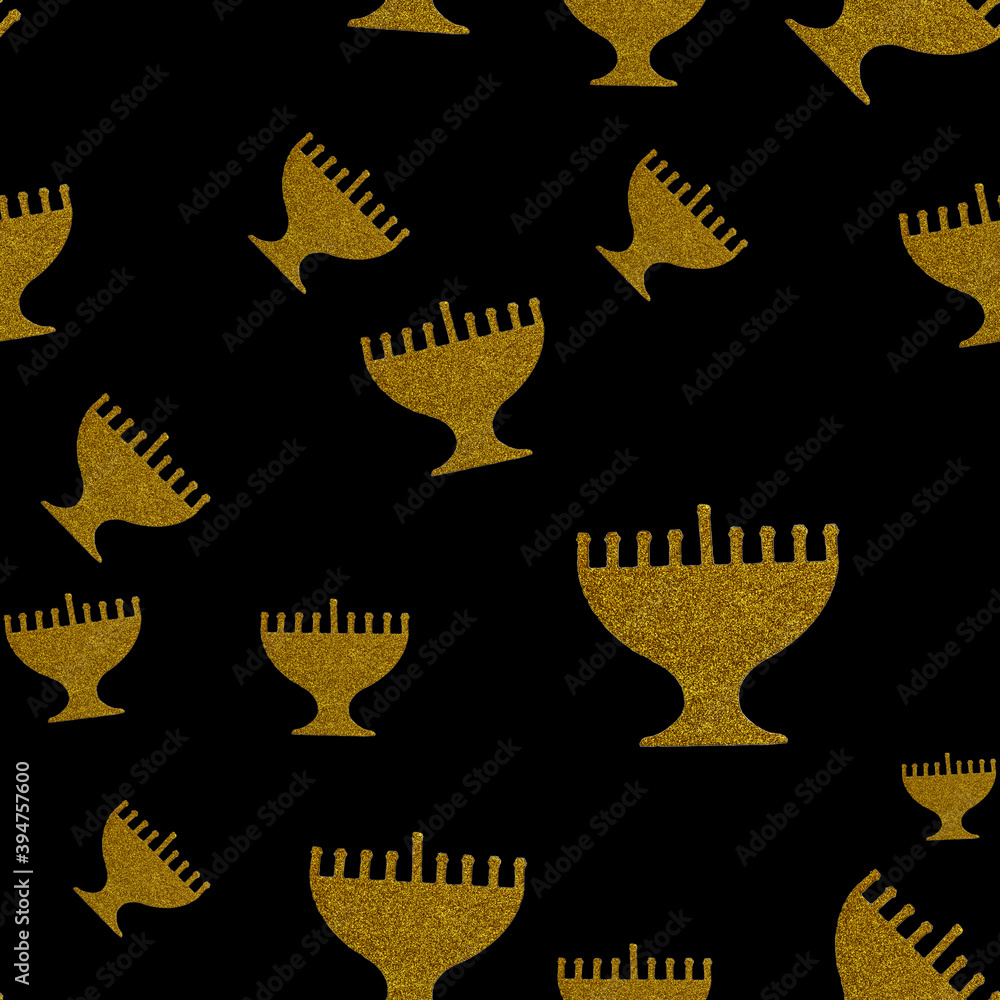 Fototapeta premium Jewish holiday Hanukkah seamless pattern background. Golden menorah isolated on black.