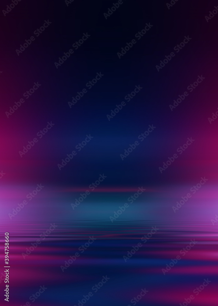 Abstract dark futuristic background. Ultraviolet multicolored beams of neon light reflect off the water. Background of empty stage show, beach party. 3d illustration Abstract dark futuristic background. Ultraviolet multicolored beams of neon light reflect off the water. Background of empty stage show, beach party. 3d illustration