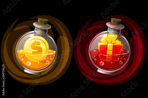 Set of isolated elixir bottles with gift and coin icons.