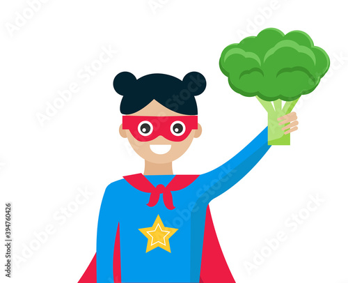 Girl superhero holding broccoli. Healthy food concept for good health. Vector illustration