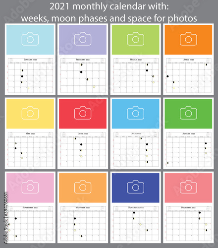2021 month calendar with weeks, moon phases and space for photos