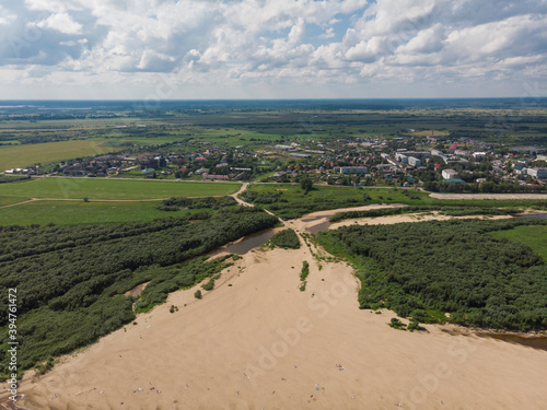 View of the official beach in the village of Kholmogory. Russia, Arkhangelsk region