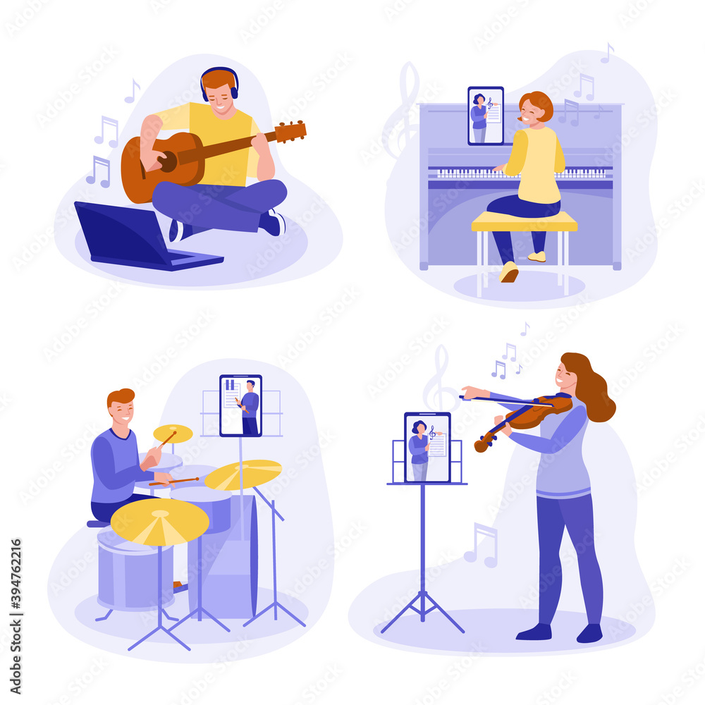 A set of vector concepts for online learning to play musical instruments: piano, violin, drums, guitar. Flat style.