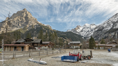 Snow plow in a mountain village