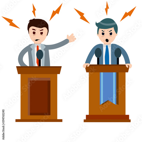 Political debate and dispute between two presidential candidates. Tribune and stand. Dialogue and elections. Podium for speech. Rostrum and man in suit.