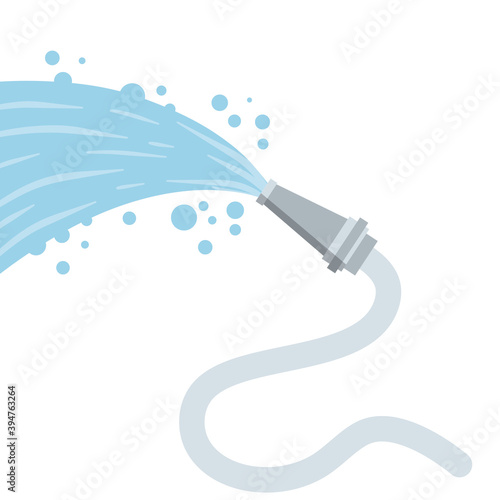 Hose. Jet of water. Grey tube. Flat cartoon illustration isolated on white. Fire fighting and watering of the lawn