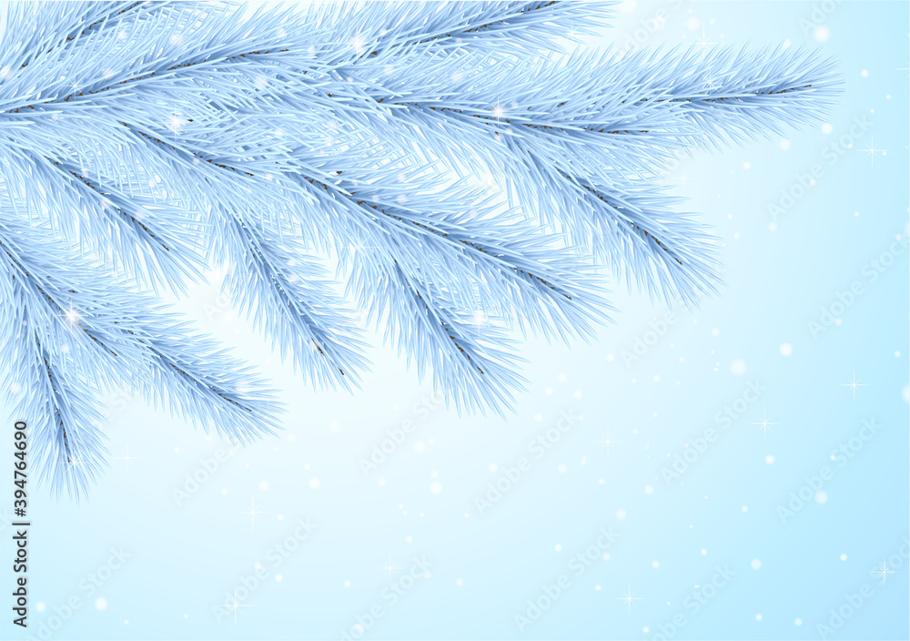 Obraz premium Christmas greeting card with snowy frozen tree (pine branch in winter), snowflakes, stars on blue background. Blank holiday gift card useful as gift certificate, Gift voucher