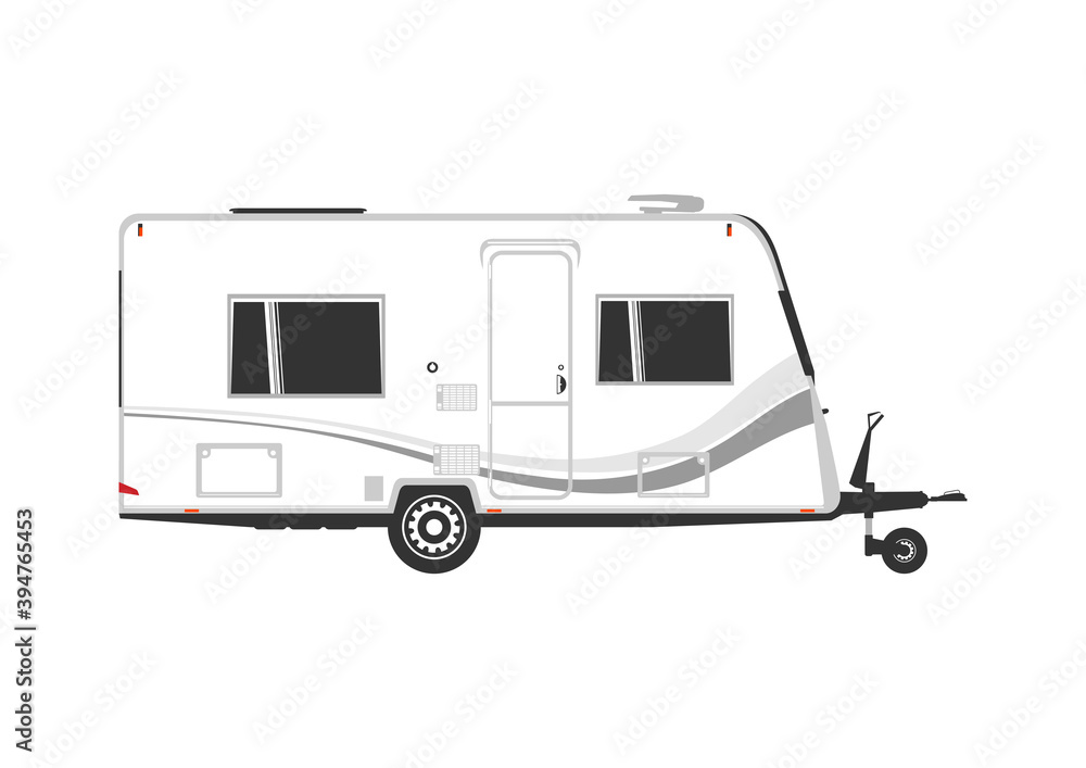 Caravan. Modern camper trailer. Side view of towed trailer without car. Flat vector.