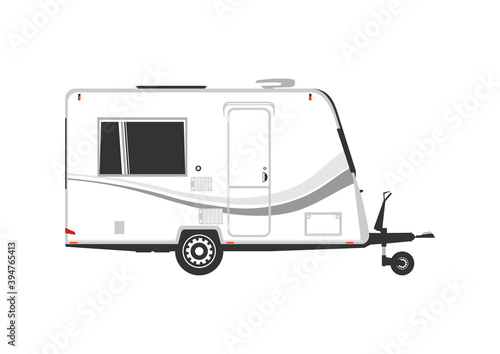 Caravan. Modern camper trailer. Side view of towed trailer without car. Flat vector.