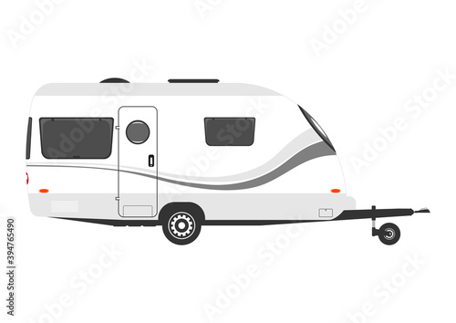 Caravan. Modern camper trailer. Side view of towed trailer without car. Flat vector.