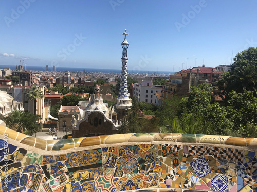 view of the main terrace of Park Guell, located on Carmel Hill, Barcelona, Spain