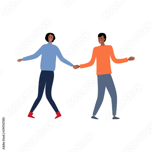  Young beautiful black man woman dancing in flat style on white background. Cartoon vector. A guy and a girl in youth style are holding hands. Happy cheerful family. The concept of relationships 