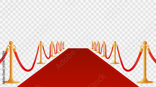Red background with carpet and path barriers 3d vector illustration. Luxury entrance to vip event or celebrity party isolated on white background. Premiere show ceremony.