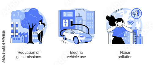 Urban environment abstract concept vector illustration set. Reduction of gas emissions, electric vehicle use, noise pollution, Co2 greenhouse gas, eco-friendly transportation abstract metaphor.