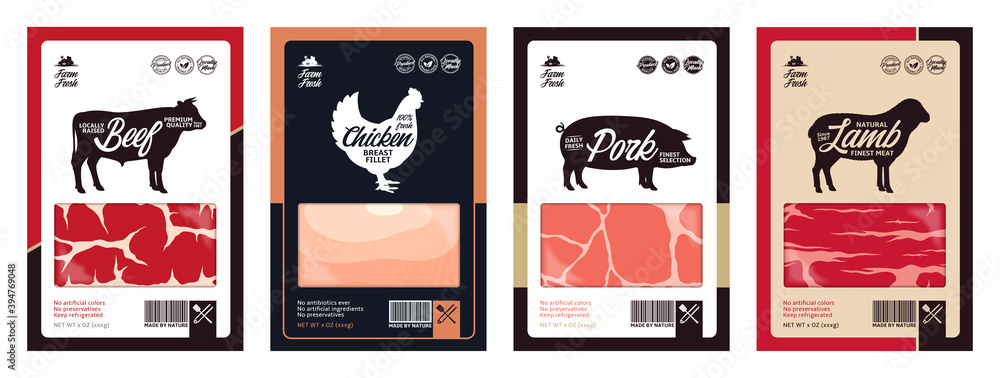 Vector butchery labels with farm animal silhouettes. Cow, chicken, pig and sheep icons and meat textures for groceries, meat stores, packaging and advertising - obrazy, fototapety, plakaty 