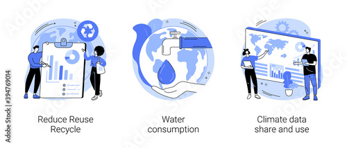 Save the planet abstract concept vector illustration set. Reduce Reuse Recycle, water consumption, climate data share and use, upcycling program, weather forecast, overconsumption abstract metaphor.
