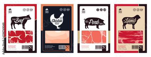 Vector butchery labels with farm animal silhouettes. Cow, chicken, pig and sheep icons and meat textures for groceries, meat stores, packaging and advertising
