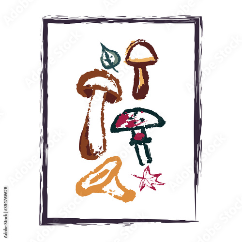 Hand drawing abstract elements of the autumn season. Warm colors, stylish compositions of leaves, mushrooms, cones, berries. Autumn mood, cozy autumn and minimal design.