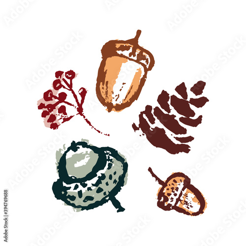 Hand drawing abstract elements of the autumn season. Warm colors, stylish compositions of leaves, mushrooms, cones, berries. Autumn mood, cozy autumn and minimal design.