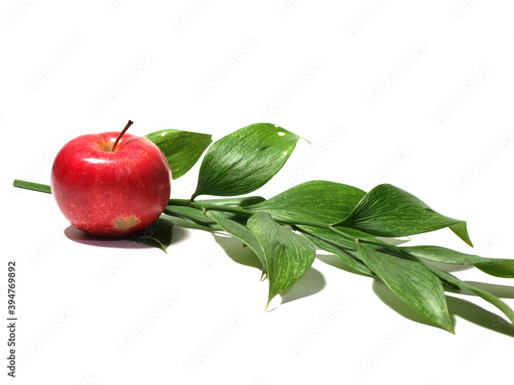 red-apple with leaf isolated on white