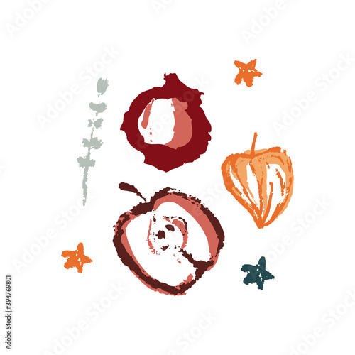 Hand drawing abstract elements of the autumn season. Warm colors, stylish compositions of leaves, mushrooms, cones, berries. Autumn mood, cozy autumn and minimal design.