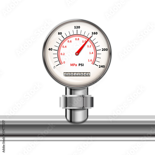 Bright realistic manometer with glossy chrome pipe in white