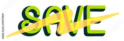 The save energy logo is isolated on a white background. Lightning symbol on the word save Vector illustration in flat style. An element from the energy saving design kit..