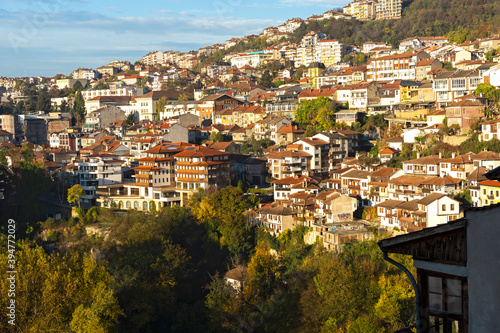 VELIKO TARNOVO, BULGARIA -NOVEMBER 2, 2020: Amazing Sunrise view of city of Veliko Tarnovo, Bulgaria