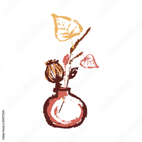 Hand drawing abstract elements of the autumn season. Warm colors, stylish  composition of a vase and dried flowers, branches or autumn plants. Autumn mood, cozy autumn and minimal design. 