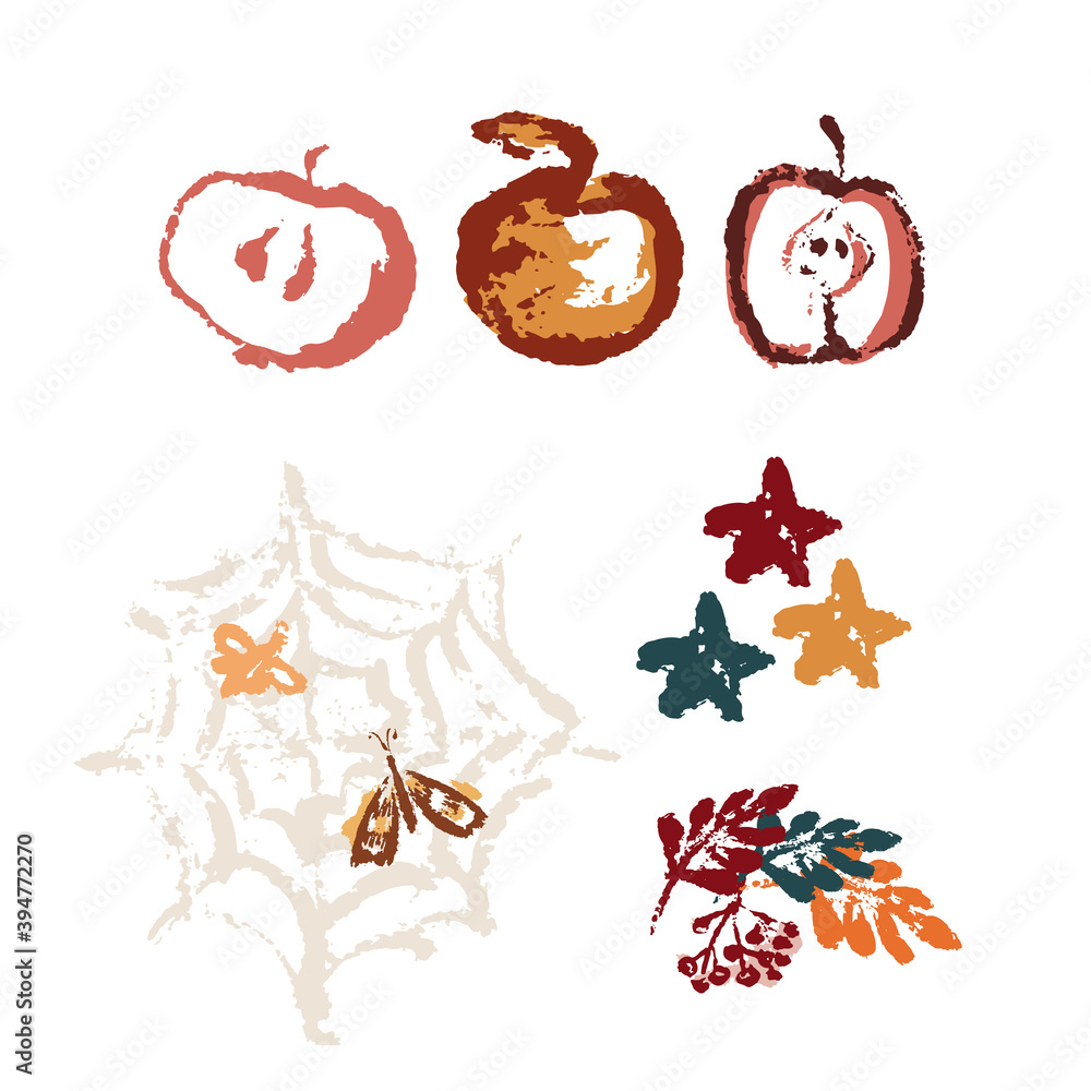Hand drawing abstract elements of the autumn season. Warm colors, stylish compositions of leaves, mushrooms, cones, berries. Autumn mood, cozy autumn and minimal design.