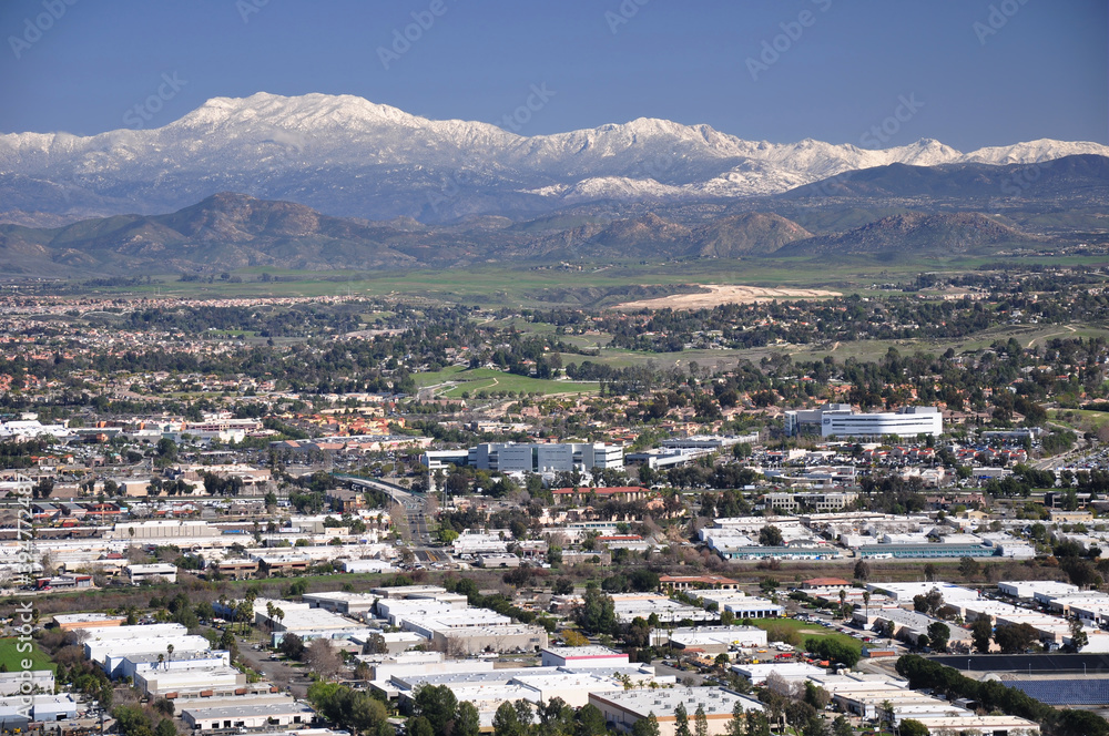 View of Temecula, California with snow-capped Mount San Jacinto in the background.