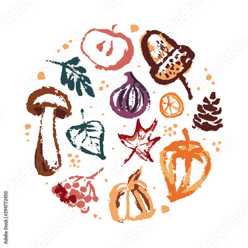 Hand drawing abstract elements of the autumn season. Warm colors, stylish compositions of leaves, mushrooms, cones, berries. Autumn mood, cozy autumn and minimal design.