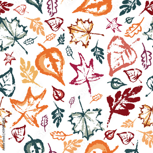 Hand drawing abstract elements of the autumn season. Seamless pattern of leaves, mushrooms, cones, berries. Autumn mood, cozy autumn and minimal design. Vector illustration