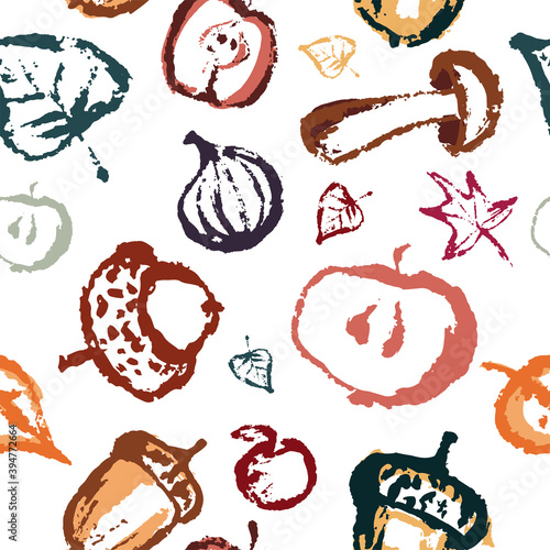 Hand drawing abstract elements of the autumn season. Seamless pattern of leaves, mushrooms, cones, berries. Autumn mood, cozy autumn and minimal design. Vector illustration