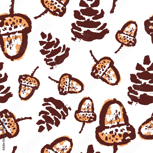 Hand drawing abstract elements of the autumn season. Seamless pattern pattern of cones and acorns. Autumn mood, cozy autumn and minimal design. Vector illustration