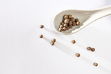 Black peppercorns on white with long shadows. Black peppercorns in a spoon and a bowl.