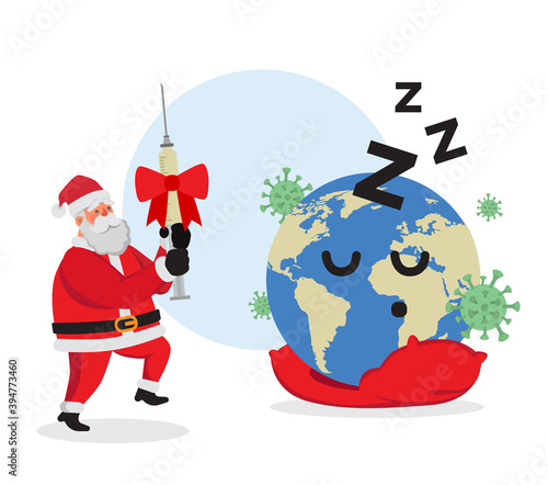Santa Claus giving vaccine for corona virus as christmas present for the earth